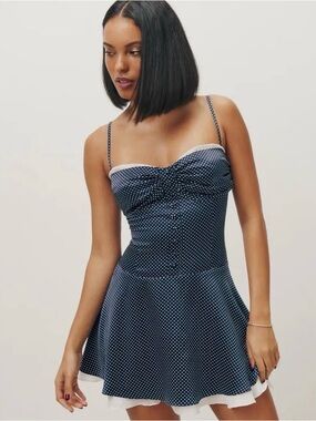 Reformation Navy White Polka Dot Mini Dress
